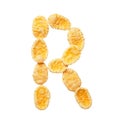 Yellow cornflakes letter R isolated on white background. Alphabet cereal flakes Royalty Free Stock Photo