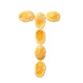 Yellow cornflakes letter T isolated on white background. Alphabet cereal flakes Royalty Free Stock Photo