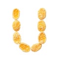 Yellow cornflakes letter U isolated on white background. Alphabet cereal flakes Royalty Free Stock Photo