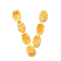 Yellow cornflakes letter V isolated on white background. Alphabet cereal flakes Royalty Free Stock Photo