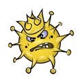 Yellow corona virus character with an evil expression face on a white background