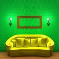 Yellow couch with empty frame and sconces