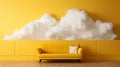 A yellow couch is sitting in front of a yellow wall with clouds on it Royalty Free Stock Photo