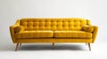 A yellow couch with wooden legs and pillows. The couch is sitting on a white background. The couch is the main focus of the image Royalty Free Stock Photo