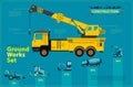 Yellow crane. Blue infographic set, ground works blue machines vehicles. Royalty Free Stock Photo