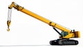 Yellow crawler crane with extended boom and hook sits ready for work. This heavy construction machine features tracks for Royalty Free Stock Photo