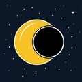 Yellow crescent moon partially eclipsed by black circle against starry night sky Royalty Free Stock Photo