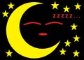 A yellow crescent moon and stars with a happy sleeping face black backdrop