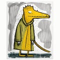 yellow crocodile, in a yellow raincoat, sticky sticker white background creative and strange hight detailed raw expressive.