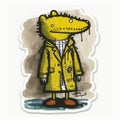 yellow crocodile, in a yellow raincoat, sticky sticker white background creative and strange hight detailed raw expressive