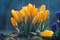 Yellow crocus flowers on a background of raindrop tracks