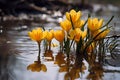 Yellow crocus spring flowers drowning in flood. Concept for climate change