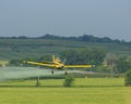 Yellow crop duster flying low while spraying a field Royalty Free Stock Photo