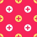 Yellow Cross hospital medical icon isolated seamless pattern on red background. First aid. Diagnostics symbol. Medicine Royalty Free Stock Photo