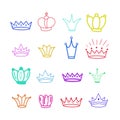 Yellow Crowns. Tiara. Diadem Sketch crown. Hand drawn queen tiara, king crown. Royal imperial coronation symbols, monarch majestic