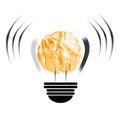 Yellow crumpled paper ball and drawn lamp bulb on white background Royalty Free Stock Photo