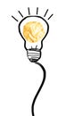 Yellow crumpled paper ball and drawn lamp bulb on white background Royalty Free Stock Photo