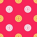 Yellow Cryptocurrency coin Bitcoin icon isolated seamless pattern on red background. Physical bit coin. Blockchain based Royalty Free Stock Photo