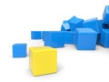 Yellow cube stands out of the pile of blue cubes