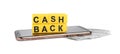 Yellow cubes with word Cashback, money and smartphone on white background