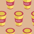 Yellow cup with coffee seamless pattern, coffee drink glass with red stripe, isometric