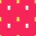 Yellow Cup of tea with tea bag icon isolated seamless pattern on red background. Vector Illustration Royalty Free Stock Photo