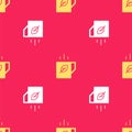Yellow Cup of tea and leaf icon isolated seamless pattern on red background. Vector Royalty Free Stock Photo