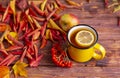 Yellow cup of tea with slice of lemon, colorful red and yellow autumn leaves, an apple and bunch of rowanberry on wooden brown ta