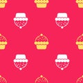 Yellow Cupcake icon isolated seamless pattern on red background. Vector