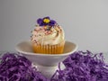 Yellow cupcake with white frosting, sprinkles and a purple fondant flower sitting on a white dish on top of a bed of purple paper Royalty Free Stock Photo