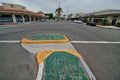 A colorful median strip in the center of a roadway in Old Torrance California.