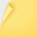 Yellow curled corner page, empty bent paper template. Vector post for notes, memory, remind. Bent realistic yellow page