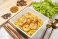 Yellow curried rice with shrimp, Yellow rice prawn biryani with green coriander sauce Royalty Free Stock Photo