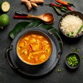 Yellow curry with chicken in bowl on dark background Royalty Free Stock Photo