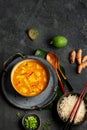 Yellow curry with chicken in bowl on dark background Royalty Free Stock Photo