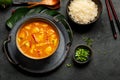 Yellow curry with chicken in bowl on dark background Royalty Free Stock Photo