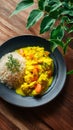 Yellow curry with jasmine rice and herbs, side of plate clean for cultural caption Royalty Free Stock Photo