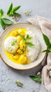 Yellow curry with jasmine rice and herbs, side of plate clean for cultural caption Royalty Free Stock Photo