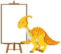 Yellow cute dinosaur with blank banner isolated on white background