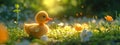 Yellow cute little duckling on spring meadow with flowers in sunny day. Duck chick the field. Happy easter Royalty Free Stock Photo