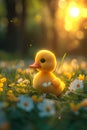 Yellow cute little duckling on spring meadow with flowers in sunny day. Duck chick the field. Happy easter Royalty Free Stock Photo