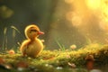 Yellow cute little duckling on spring meadow with flowers in sunny day. Duck chick the field. Happy easter Royalty Free Stock Photo