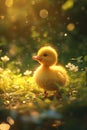 Yellow cute little duckling on spring meadow with flowers in sunny day. Duck chick the field. Happy easter Royalty Free Stock Photo