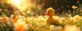 Yellow cute little duckling on spring meadow with flowers in sunny day. Duck chick the field. Happy easter Royalty Free Stock Photo