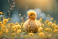 Yellow cute little duckling on spring meadow with flowers in sunny day. Duck chick the field. Happy easter Royalty Free Stock Photo