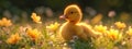 Yellow cute little duckling on spring meadow with flowers in sunny day. Duck chick the field. Happy easter Royalty Free Stock Photo