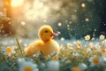 Yellow cute little duckling on spring meadow with flowers in sunny day. Duck chick the field. Happy easter Royalty Free Stock Photo