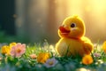 Yellow cute little duckling on spring meadow with flowers in sunny day. Duck chick the field. Happy easter Royalty Free Stock Photo