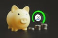 Yellow cute piggy bank and blurred background of coin with icons of complete one hundred