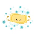 Yellow cute soap acting as a strong brave superhero faces a threatening green coronavirus character Kawaii illustration